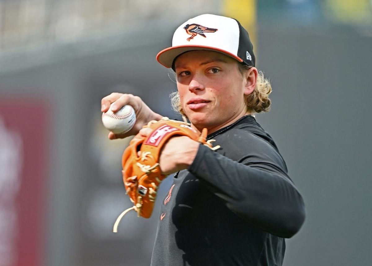 Apr 19, 2024; Kansas City, Missouri, USA; Baltimore Orioles second baseman Jackson Holliday (7) warms up during batting practice before a game against the Kansas City Royals at Kauffman Stadium.