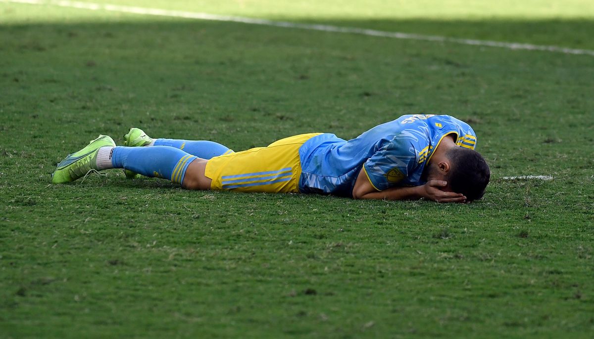 Philadelphia’s Déniel Gazdag takes a moment to himself after LAFC’s victory yesterday in the MLS Cup Final.