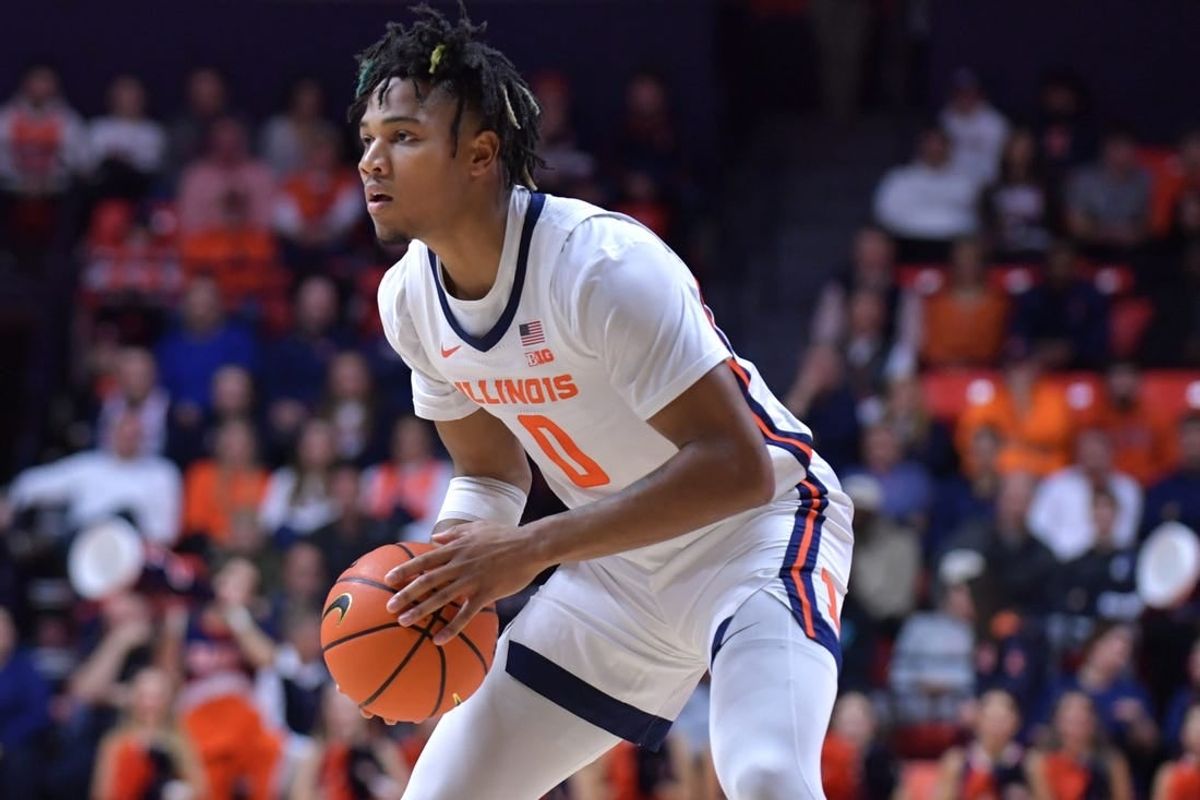 Dec 17, 2023; Champaign, Illinois, USA;  Illinois Fighting Illini guard Terrence Shannon Jr. (0) during an NCAA game against the Colgate Raiders at State Farm Center.