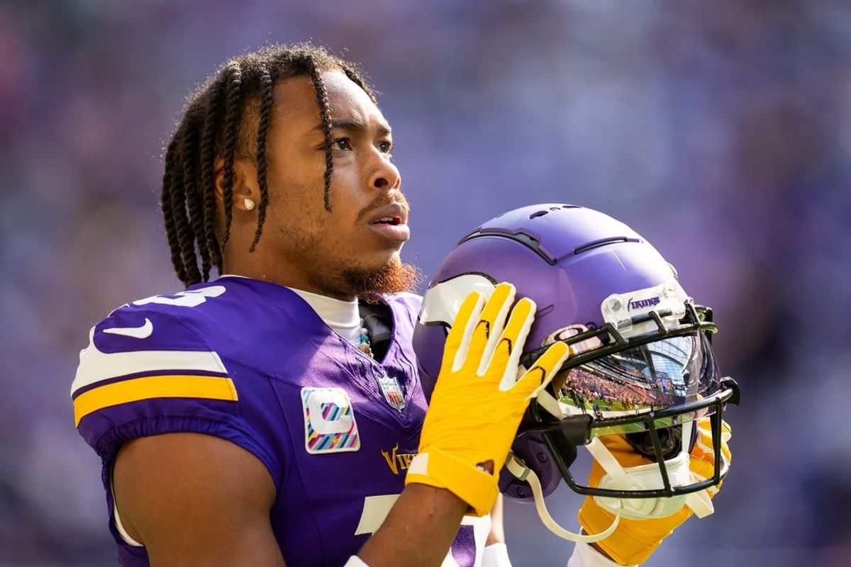 Oct 8, 2023; Minneapolis, Minnesota, USA; Minnesota Vikings wide receiver Justin Jefferson (18) before the game against the Kansas City Chiefs at U.S. Bank Stadium.