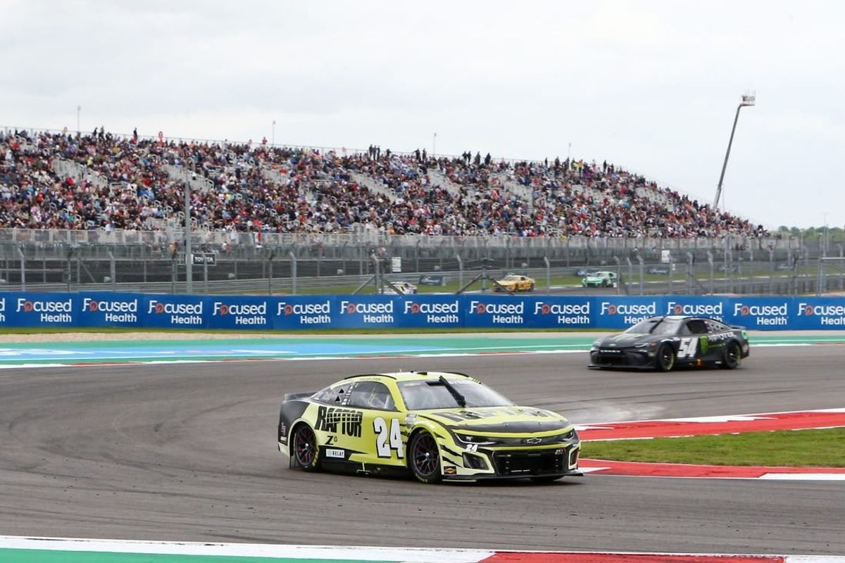 Mar 24, 2024; Austin, Texas, USA;  NASCAR Cup Series driver William Byron (24) leads the EchoPark Automotive Grand Prix at Circuit of the Americas.