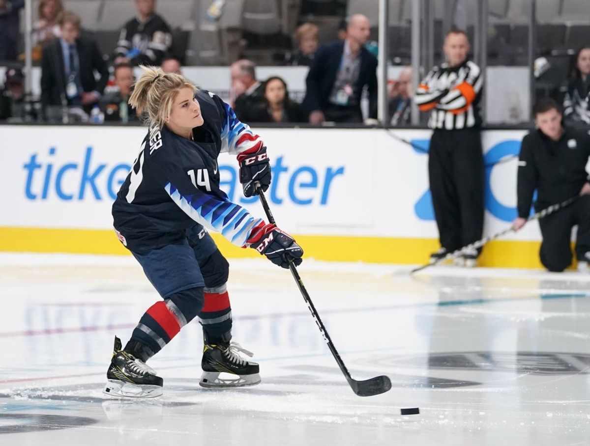 Jan 25, 2019; San Jose, CA, USA; USA women's ice hockey player Brianna Decker in the premier passer competition in the 2019 NHL All Star Game skills competition at SAP Center. Mandatory Credit: Kyle Terada-Imagn Images