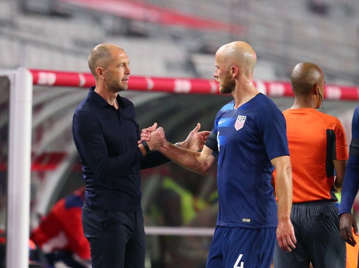 Jan 27, 2019; Glendale, AZ, USA; USA head coach Gregg Berhalter (left) greets midfielder Michael Bradley after being pulled from the game against Panama during an international friendly soccer match at State Farm Stadium. Mandatory Credit: Mark J. Rebilas-Imagn Images