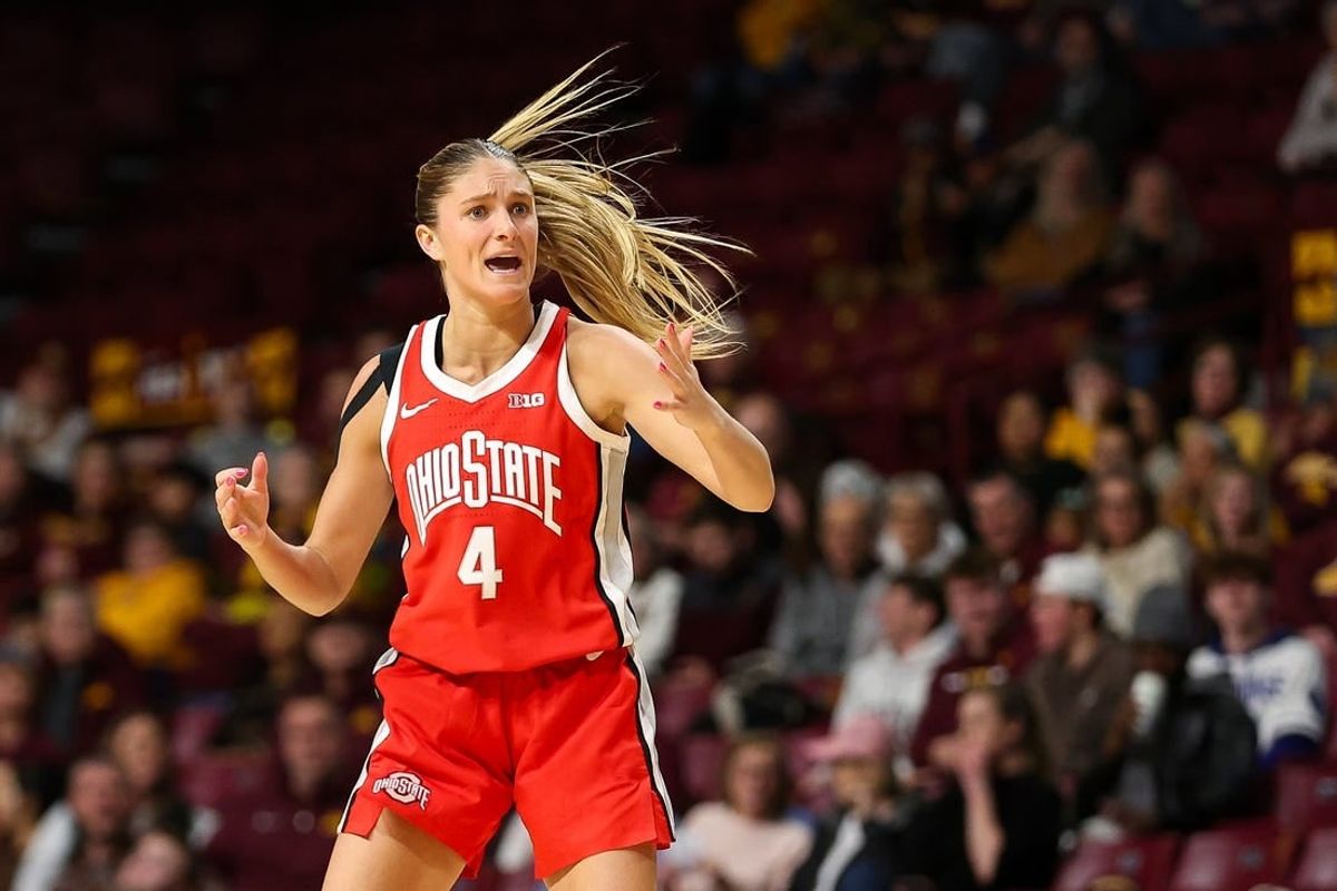 Feb 8, 2024; Minneapolis, Minnesota, USA; Ohio State Buckeyes guard Jacy Sheldon (4) reacts to her three-point shot against the Minnesota Golden Gophers during the second half at Williams Arena.