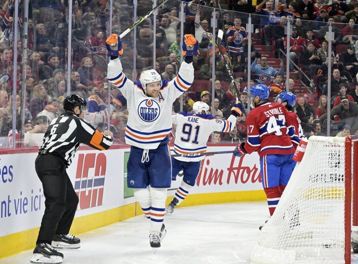 Jan 13, 2024; Montreal, Quebec, CAN; Edmonton Oilers forward Leon Draisaitl (29) celebrates after scoring a goal against the Montreal Canadiens during the third period at the Bell Centre.