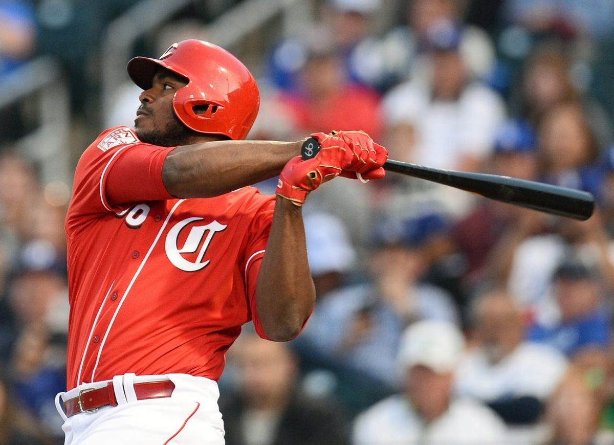 Mar 15, 2019; Goodyear, AZ, USA; Cincinnati Reds right fielder Yasiel Puig (66) bats against the Los Angeles Dodgers during the second inning at Goodyear Ballpark. Mandatory Credit: Joe Camporeale-Imagn Images