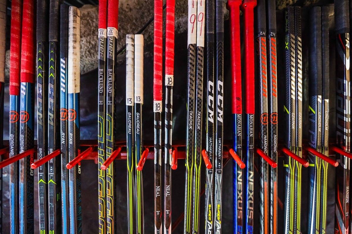 General view of hockey sticks. Mandatory Credit: Sergei Belski-Imagn Images
