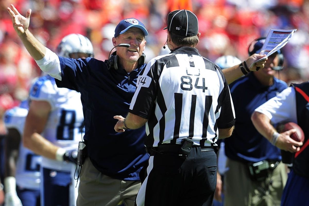 Tennessee Titans head coach Ken Whisenhunt argues a referees call during the fourth quarter against the Kansas City Chiefs at Arrowhead Stadium Sept. 7, 2014 in Kansas City.

Nas Sig Titans 0908