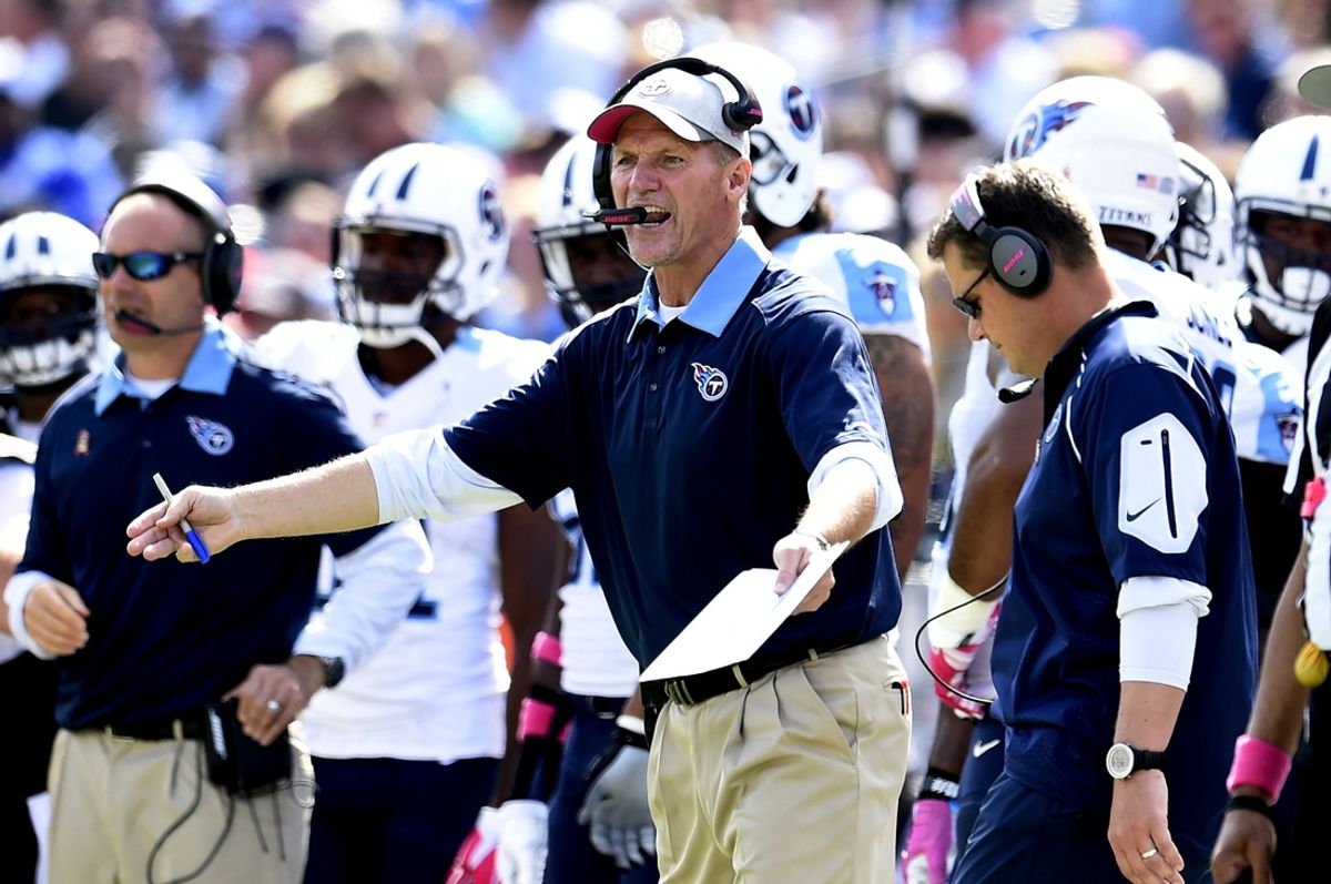 Tennessee Titans coach Ken Whisenhunt argues a referee's call during the second quarter against the Buffalo Bills at Nissan Stadium Oct. 11, 2015. The Titans lost 14-13.

Nas Titans1012