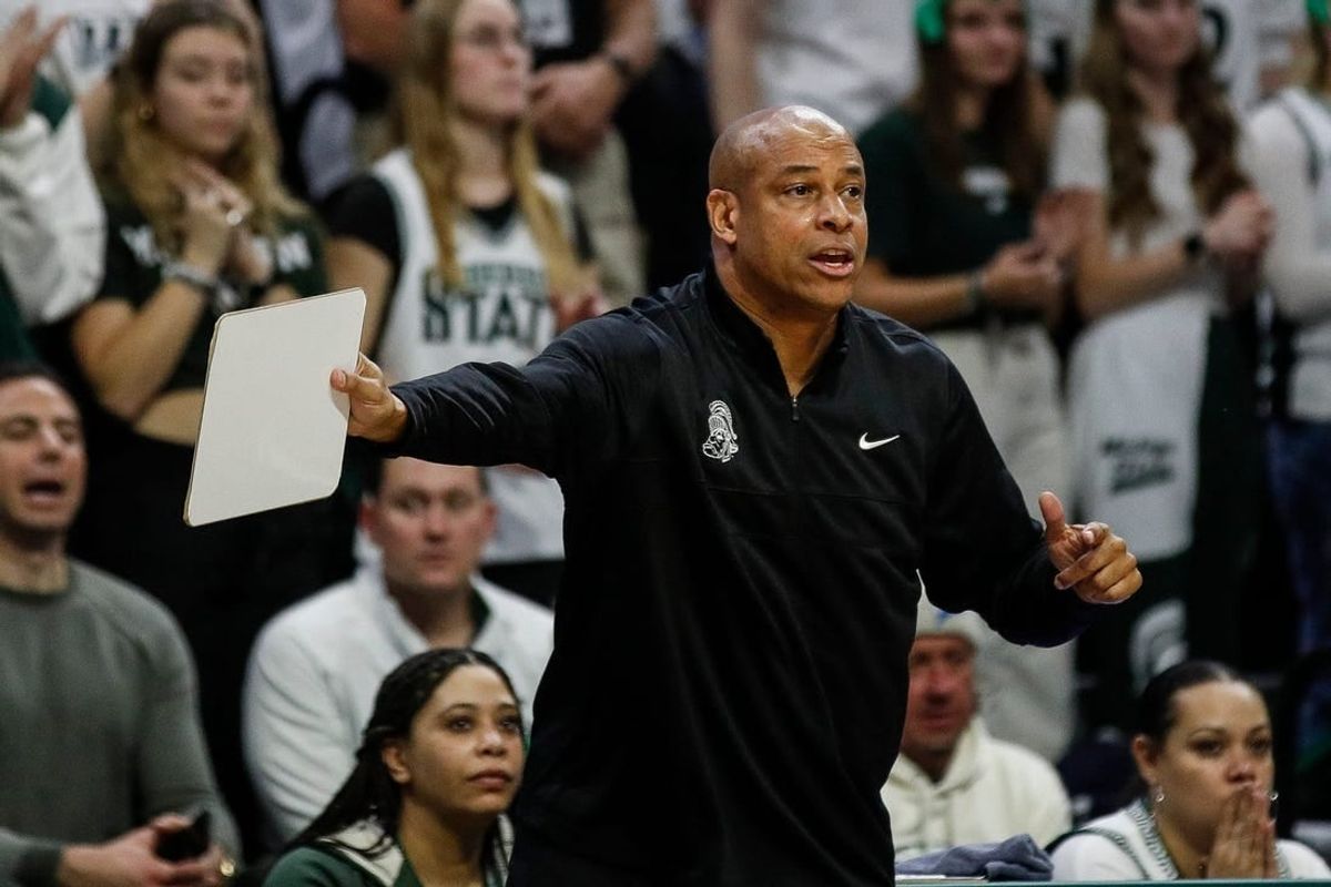 Michigan State assistant coach Mark Montgomery reacts to a play against Michigan during the second half of MSU's 81-62 win over Michigan on Tuesday, Jan. 30, 2024, in East Lansing.