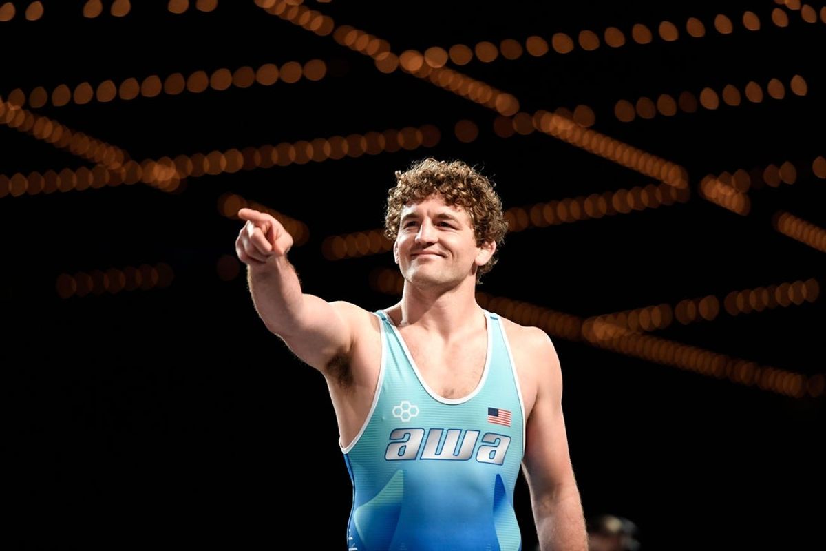Olympian Ben Askren points to the crowd as he enters the mat to face fellow Olympian and New Jersey native Jordan Burroughs (not pictured) during the Beat the Streets \"Grapple at the Garden\" on Monday, May 6, 2019, in New York.

Grapple At The Garden