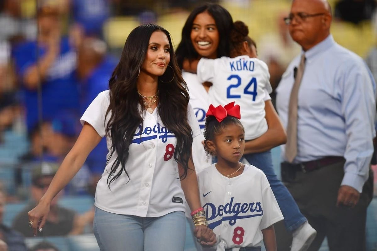 September 1, 2023; Los Angeles, California, USA; Vanessa Bryant, wife of former Los Angeles Lakers player Kobe Bryant in attendance with daughters Natalia, Bianka and Capri in attendance at Dodger Stadium.