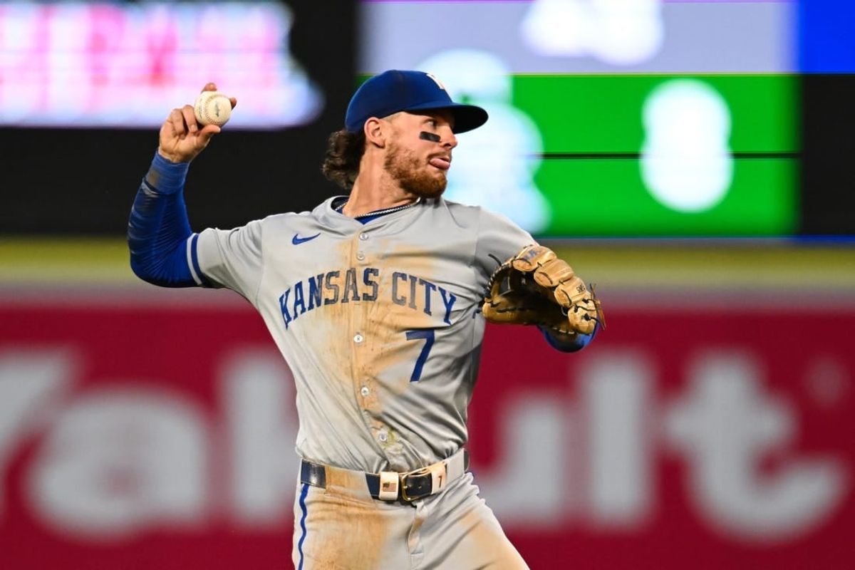 May 11, 2024; Anaheim, California, USA; Kansas City Royals shortstop Bobby Witt Jr. (7) fields the ball against the Los Angeles Angels during the fourth inning at Angel Stadium.