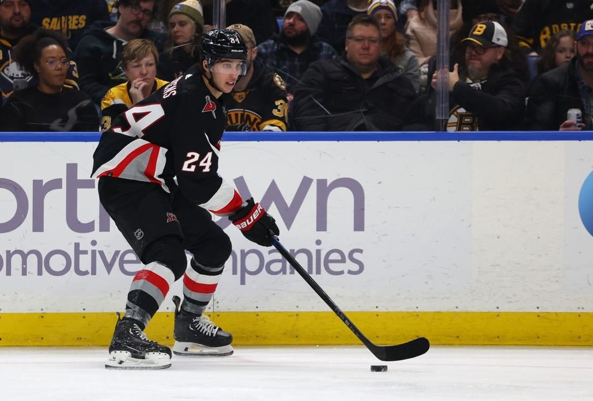 Dec 27, 2023; Buffalo, New York, USA;  Buffalo Sabres center Dylan Cozens (24) looks to make a pass during the second period against the Boston Bruins at KeyBank Center.