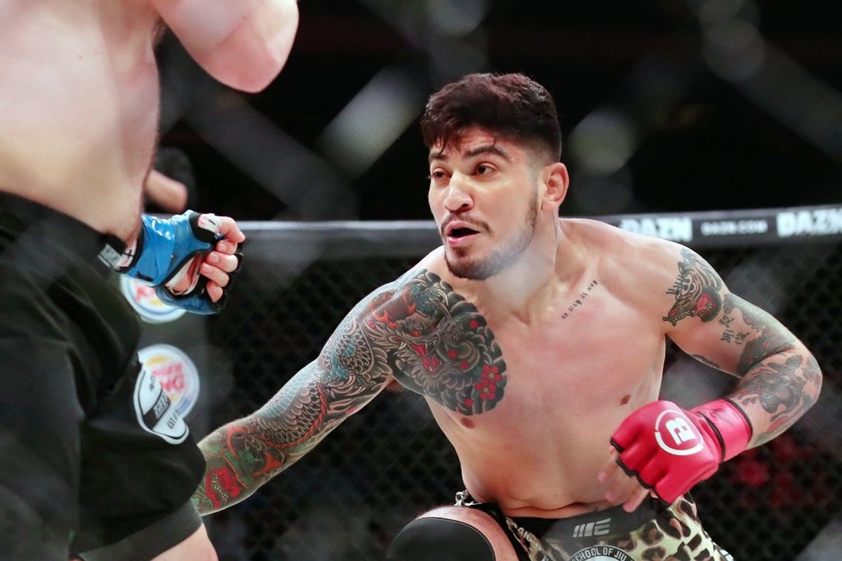 Jun 14, 2019; New York, NY, USA; Dillon Danis (red gloves) fights Max Humphrey (blue gloves) during Bellator 222 at Madison Square Garden. Danis won the fight. Mandatory Credit: Ed Mulholland-Imagn Images
