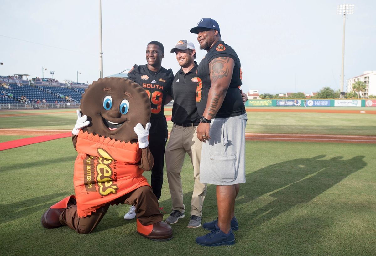 Reese's mascot Cuppy, from left, Jeremy Reaves, Jim Nagy, and Fred Robbins pose for a photo during Reese   s Senior Bowl Night at Blue Wahoos Stadium in Pensacola on Wednesday, June 26, 2019.

Reese S Senior Bowl Night

Reeses mascot Cuppy, from left, Jeremy Reaves, Jim Nagy, and Fred Robbins pose for a photo during Reeses Senior Bowl Night at Blue Wahoos Stadium in Pensacola on Wednesday, June 26, 2019.
