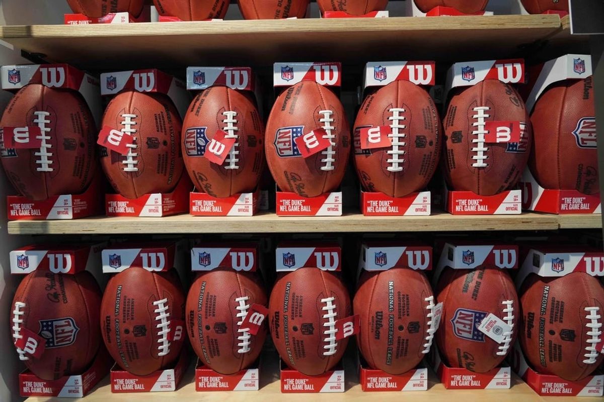 Oct 9, 2021; London, England, United Kingdom; A general overall view of Wilson official NFL Duke footballs on display at Tottenham Hogspur Stadium.