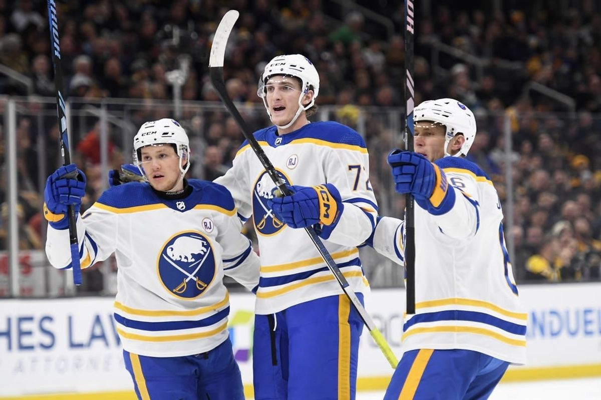 Dec 7, 2023; Boston, Massachusetts, USA; Buffalo Sabres right wing Tage Thompson (72) reacts with his line mates after scoring a goal during the second period against the Boston Bruins at TD Garden.