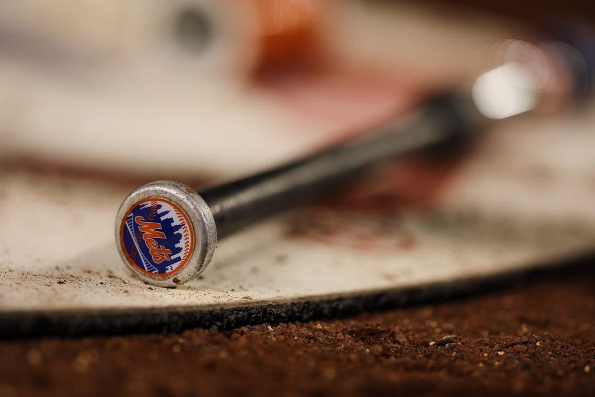 May 11, 2022; Washington, District of Columbia, USA; A detailed view of the New York Mets logo on a bat during the game between the Washington Nationals and the New York Mets at Nationals Park.