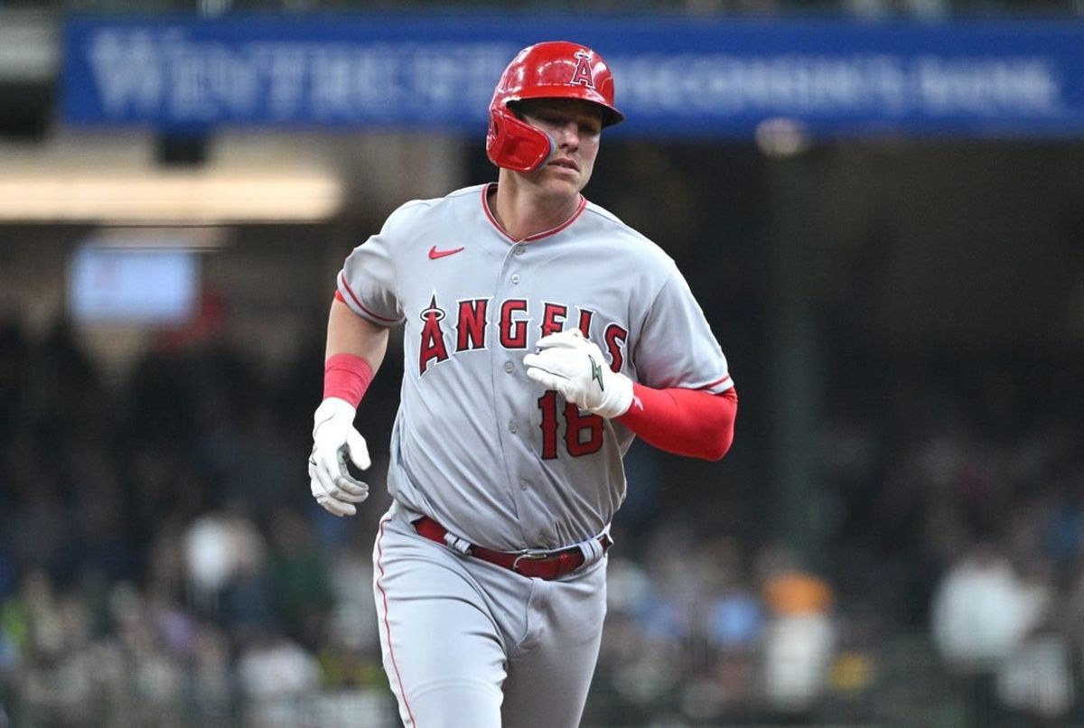 Apr 30, 2023; Milwaukee, Wisconsin, USA; Los Angeles Angels first baseman Jake Lamb (18) rounds the bases after hitting a home run against the Milwaukee Brewers in the second inning at American Family Field.