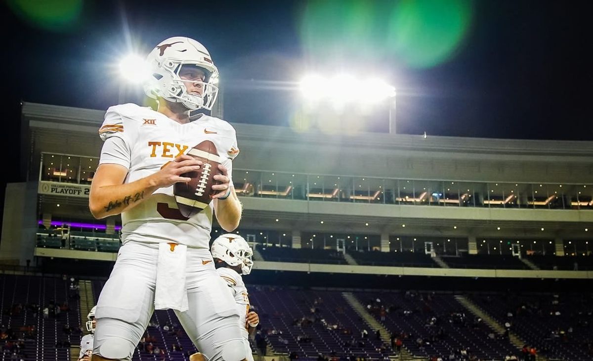Nov 11, 2023; Fort Worth, Texas, USA; Texas Longhorns quarterback Quinn Ewers (3) warms up before competing against TCU Horned Frogs in an NCAA college football game, Saturday, November. 11, 2023, at Amon G. Carter Stadium.