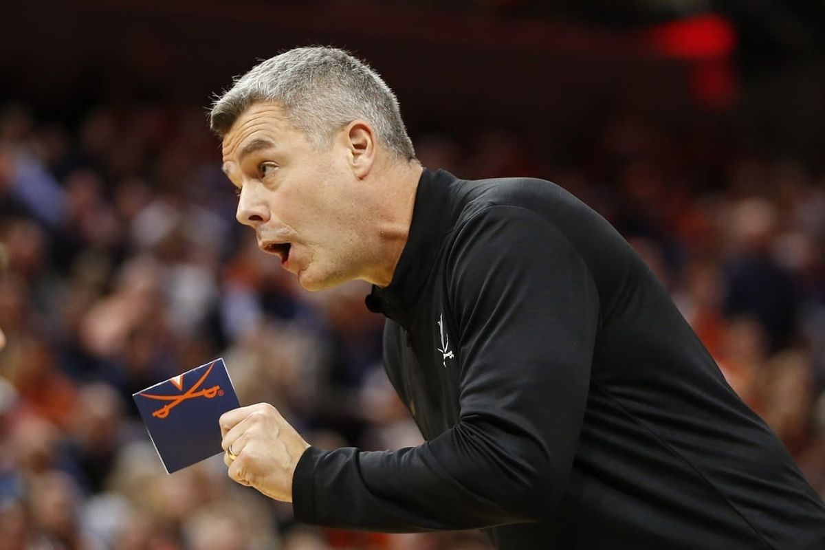 Jan 31, 2024; Charlottesville, Virginia, USA; Virginia Cavaliers head coach Tony Bennett questions a call against the Notre Dame Fighting Irish during the first half at John Paul Jones Arena.