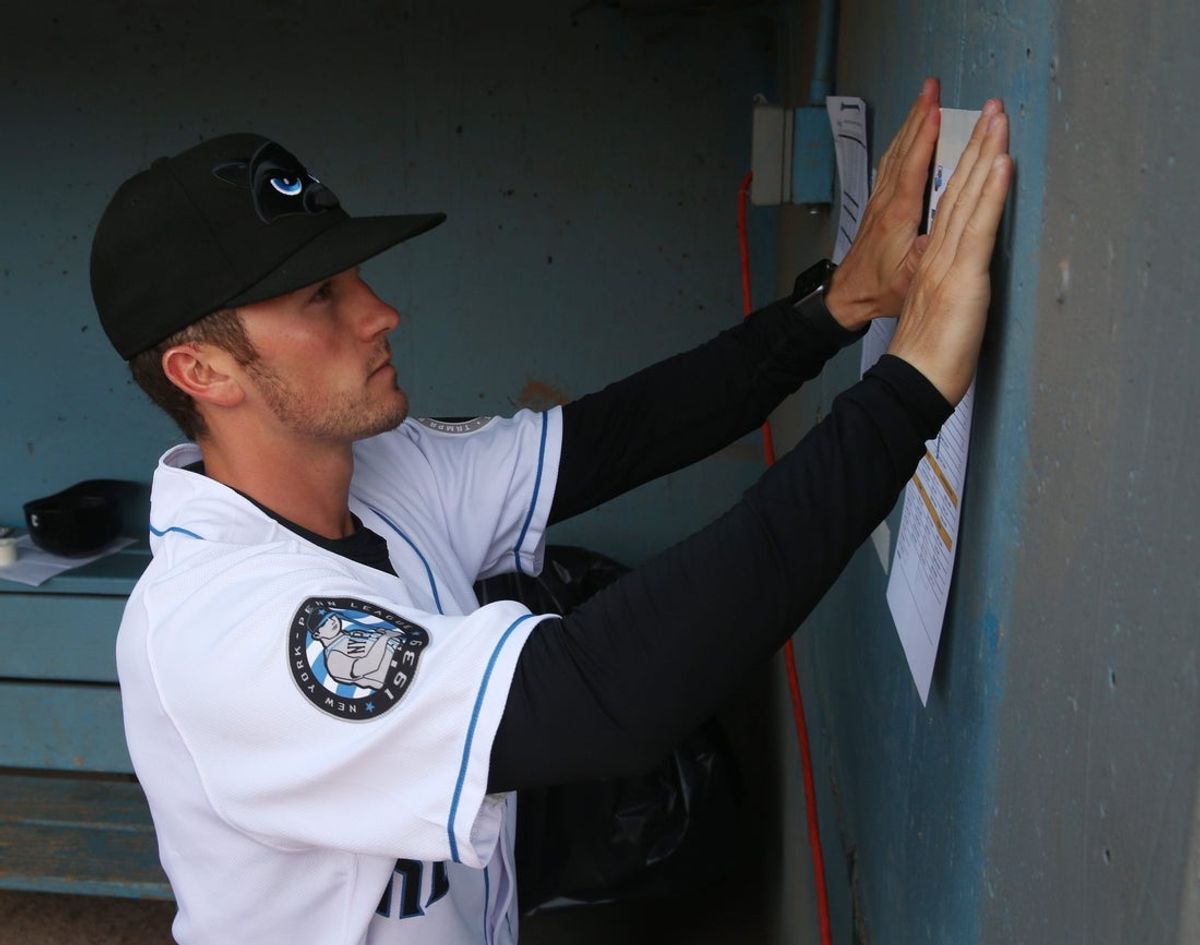 Hudson Valley Renegades manager Blake Butera posts the lineup before Wednesday's game at Dutchess Stadium in Fishkill on July 10, 2019. 

Renegades Champions Night