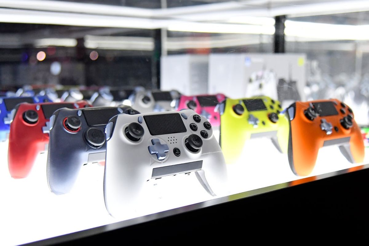 Jul 19, 2019; Miami Beach, FL, USA; A general view of custom PlayStation controllers sold by a vender during the Call of Duty League Finals e-sports event at Miami Beach Convention Center. Mandatory Credit: Jasen Vinlove-Imagn Images