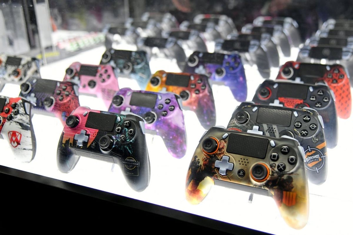 Jul 19, 2019; Miami Beach, FL, USA; A general view of custom PlayStation controllers sold by a vender during the Call of Duty League Finals e-sports event at Miami Beach Convention Center. Mandatory Credit: Jasen Vinlove-Imagn Images