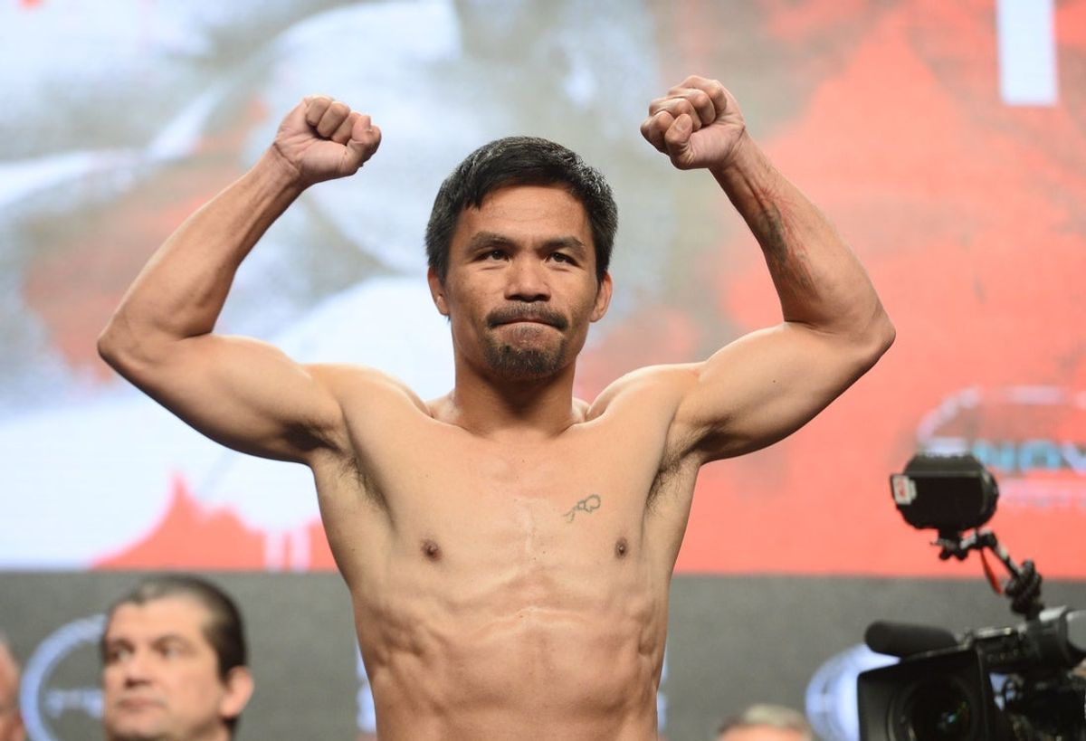 Jul 19, 2019; Las Vegas, NV, USA; Manny Pacquiao weighs in for his WBA welterweight world title boxing fight against Keith Thurman (not pictured) at MGM Grand Garden Arena. Mandatory Credit: Joe Camporeale-Imagn Images