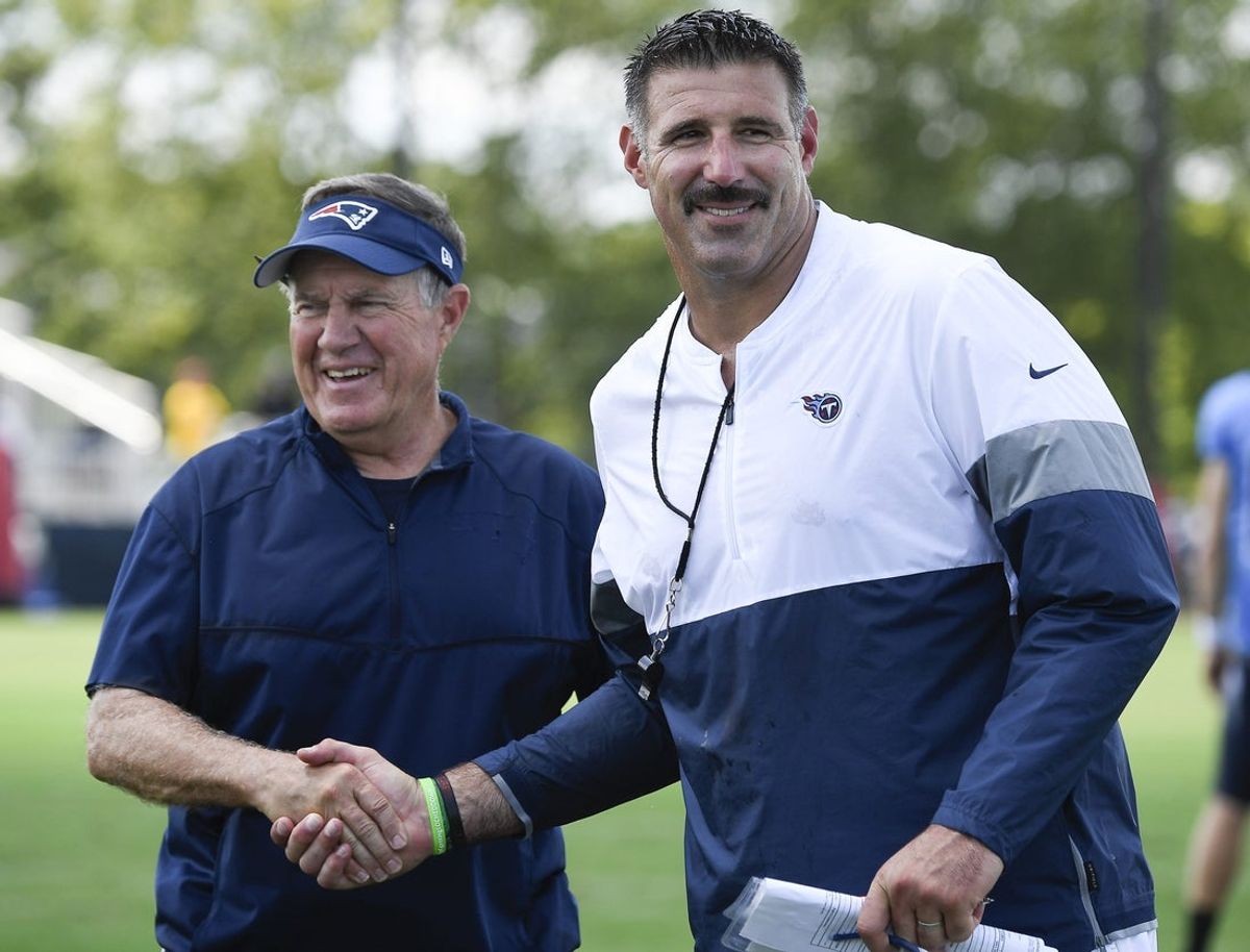 New England Patriots head coach Bill Belichick, left, shares a laugh with Tennessee Titans head coach Mike Vrabel after a joint training camp practice at Saint Thomas Sports Park Aug. 14, 2019 in Nashville.

Nas Titans 8 14 Observations 030