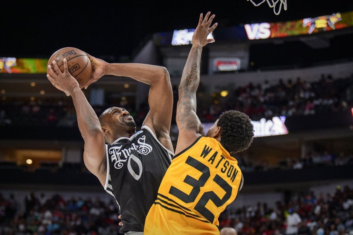 Aug 17, 2019; Dallas, TX, USA; Enemies point guard Gilbert Arenas (0) and Killer 3s point guard C.J. Watson (32) during the game at the American Airlines Center. Mandatory Credit: Jerome Miron-Imagn Images