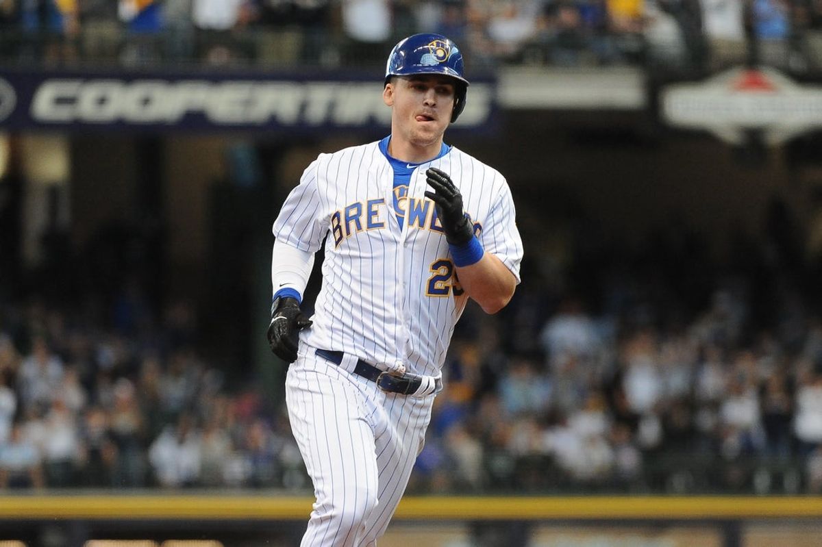 Sep 8, 2019; Milwaukee, WI, USA; Milwaukee Brewers first baseman Tyler Austin (29) rounds the bases after hitting a three-run home run against the Chicago Cubs in the fourth inning at Miller Park. Mandatory Credit: Michael McLoone-Imagn Images