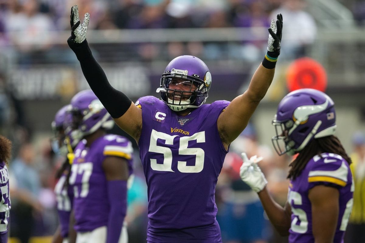 Sep 8, 2019; Minneapolis, MN, USA; Minnesota Vikings outside linebacker Anthony Barr (55) reacts during the third quarter against the Atlanta Falcons at U.S. Bank Stadium. Mandatory Credit: Harrison Barden-Imagn Images