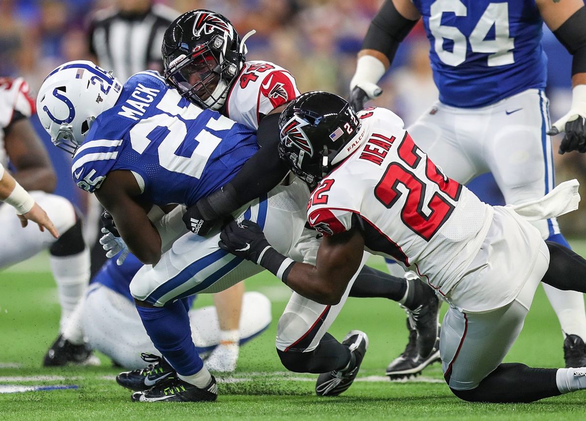 Atlanta Falcons linebacker Deion Jones (45) and strong safety Keanu Neal (22) tackle Indianapolis Colts running back Marlon Mack (25) in the first half of their game at Lucas Oil Stadium in Indianapolis, Sunday, Sept. 22, 2019.

Indianapolis Colts And Atlanta Falcons At Lucas Oil Stadium In Nfl Week 3 In Indianapolis Sunday Sept 22 2019