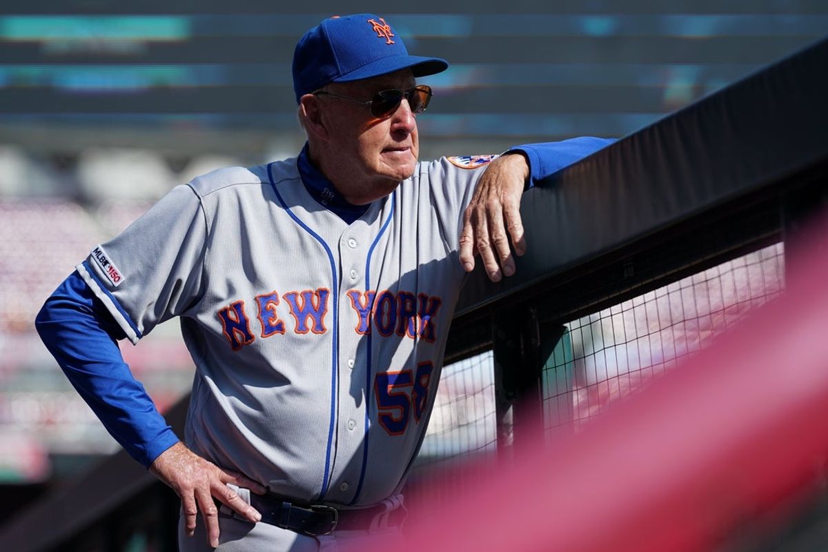 Sep 21, 2019; Cincinnati, OH, USA; New York Mets interim pitching coach Phil Regan (58) against the Cincinnati Reds at Great American Ball Park. Mandatory Credit: Aaron Doster-Imagn Images