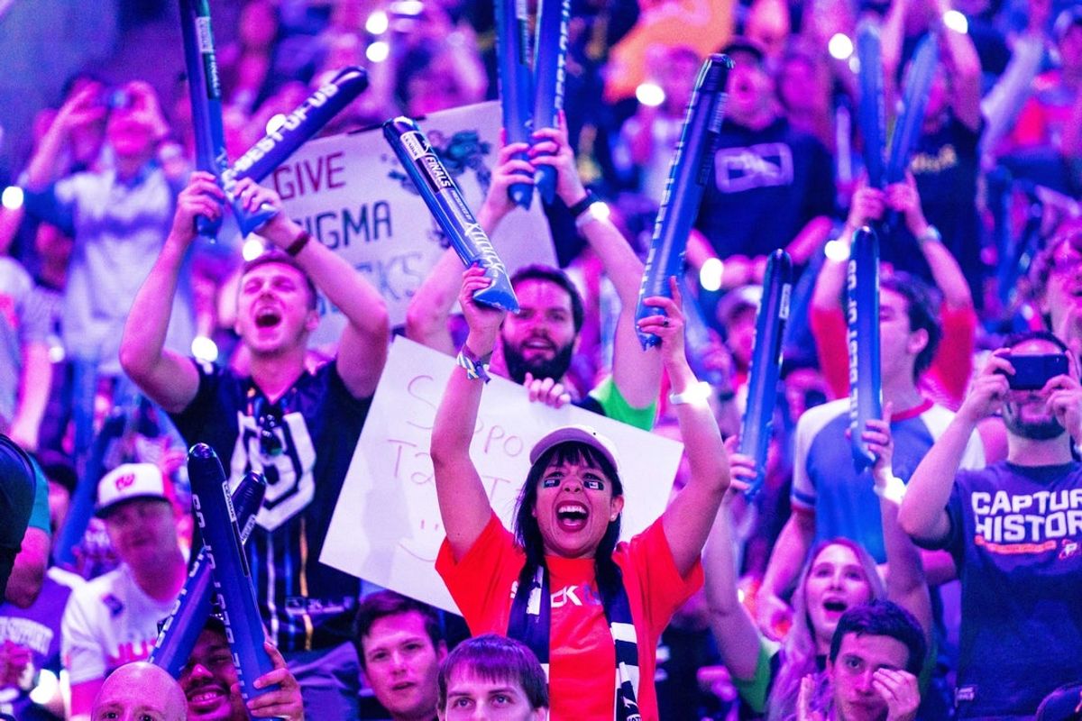 Sep 29, 2019; Philadelphia, PA, USA; Fans react during the Overwatch League Grand Finals e-sports event between the Vancouver Titans and San Francisco Shock at Wells Fargo Center. Mandatory Credit: Bill Streicher-Imagn Images