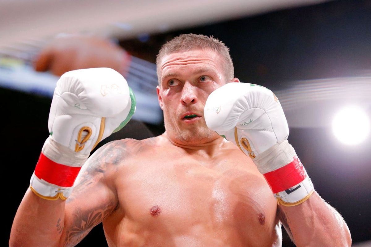 Oct 12, 2019; Chicago, IL, USA; Oleksandr Usyk (white trunks) during his match against Chazz Witherspoon (not pictured) during a heavyweight boxing match at Wintrust Arena. Mandatory Credit: Jon Durr-Imagn Images