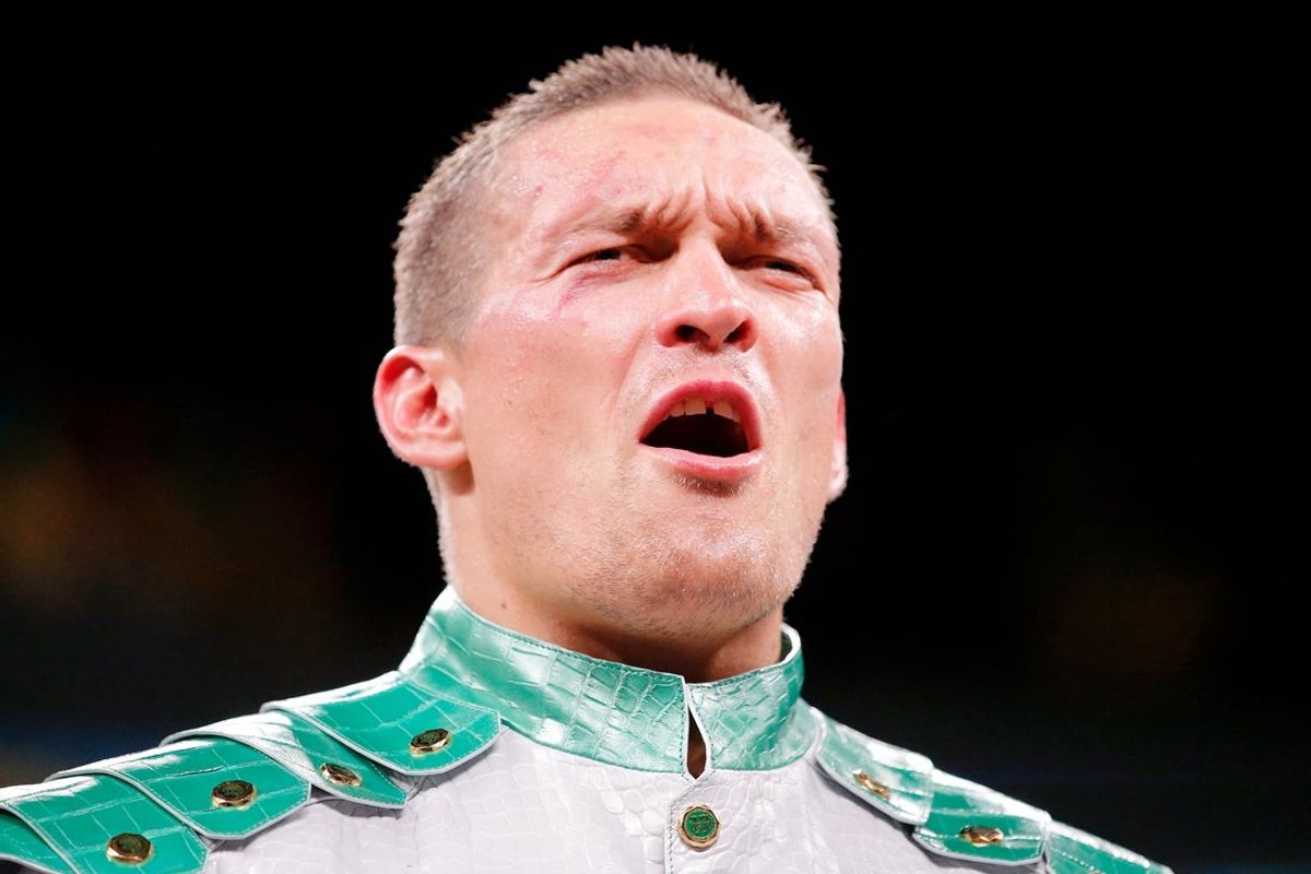 Oct 12, 2019; Chicago, IL, USA; Oleksandr Usyk (white trunks) after his win over Chazz Witherspoon (not pictured) box during a heavyweight boxing match at Wintrust Arena. Mandatory Credit: Jon Durr-Imagn Images