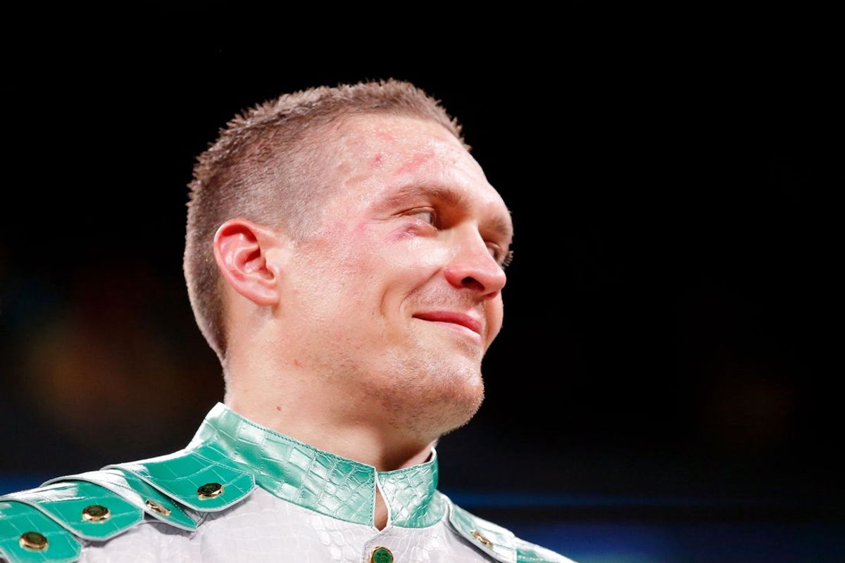Oct 12, 2019; Chicago, IL, USA; Oleksandr Usyk (white trunks) after his win over Chazz Witherspoon (not pictured) box during a heavyweight boxing match at Wintrust Arena. Mandatory Credit: Jon Durr-Imagn Images
