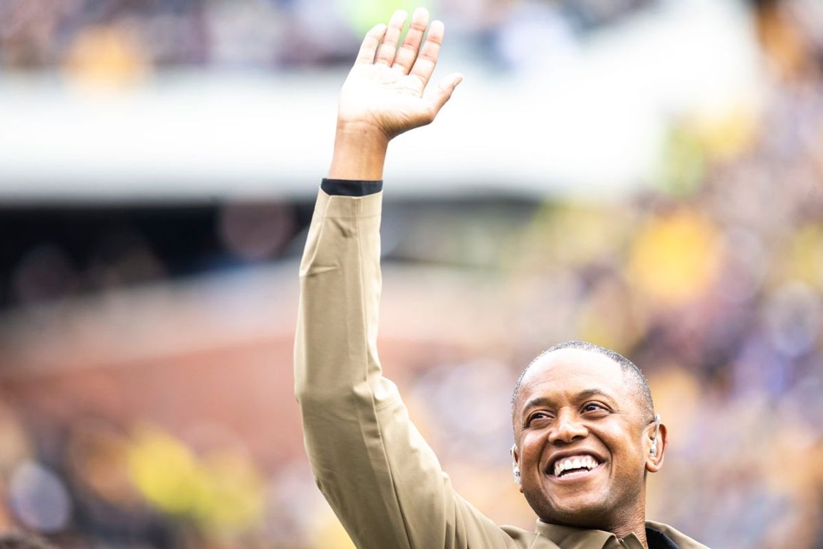 B.J. Armstrong waves to fans during a NCAA Big Ten Conference football game between the Iowa Hawkeyes and Purdue, Saturday, Oct., 19, 2019, at Kinnick Stadium in Iowa City, Iowa.

191019 Purdue Iowa Fb 034 Jpg