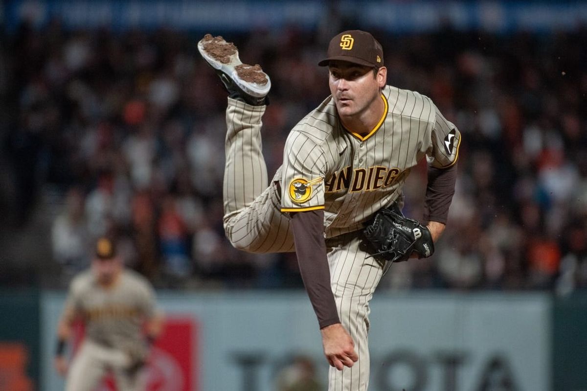 Sep 26, 2023; San Francisco, California, USA; San Diego Padres starting pitcher Seth Lugo (67) throws a pitch during the eighth inning against the San Francisco Giants at Oracle Park.