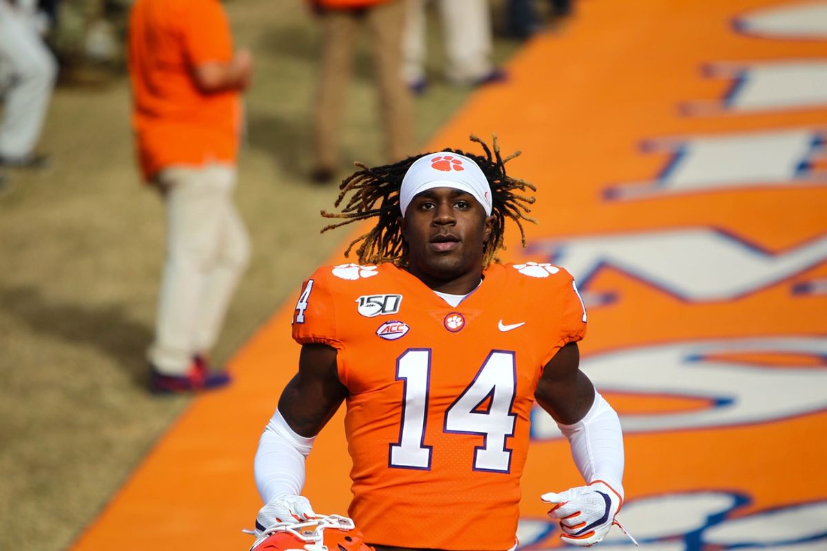 Clemson wide receiver Diondre Overton (14), senior, runs down the hill in his last home game of the season against Wake Forest, Saturday, Nov. 16, 2019.

E12g3283