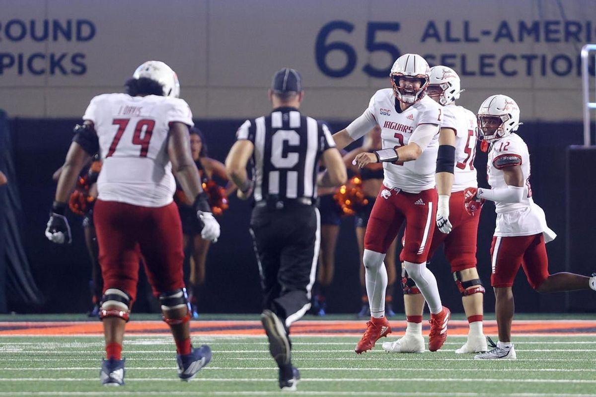 Sep 16, 2023; Stillwater, Oklahoma, USA; South Alabama Jaguars quarterback Carter Bradley (2) celebrates after a South Alabama touchdown during an NCAA football game between Oklahoma State and South Alabama at Boone Pickens Stadium. South Alabama won 33-7.