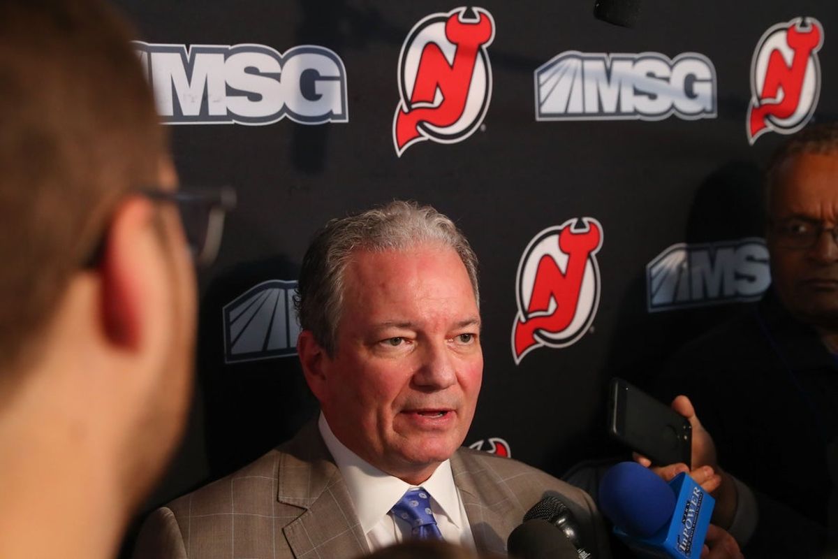Dec 3, 2019; Newark, NJ, USA; New Jersey Devils GM Ray Shero speaks to the media prior to a game between the New Jersey Devils and the Vegas Golden Knights at Prudential Center. Mandatory Credit: Ed Mulholland-Imagn Images