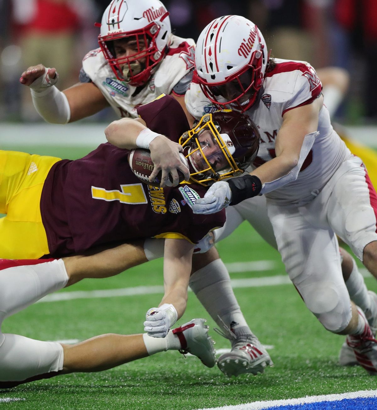 Central Michigan Chippewas quarterback Tommy Lazzaro dives in for a touchdown against the Miami (Ohio) RedHawks during the second half of the MAC championship game Saturday, Dec. 7, 2019 at Ford Field in Detroit.

Mac