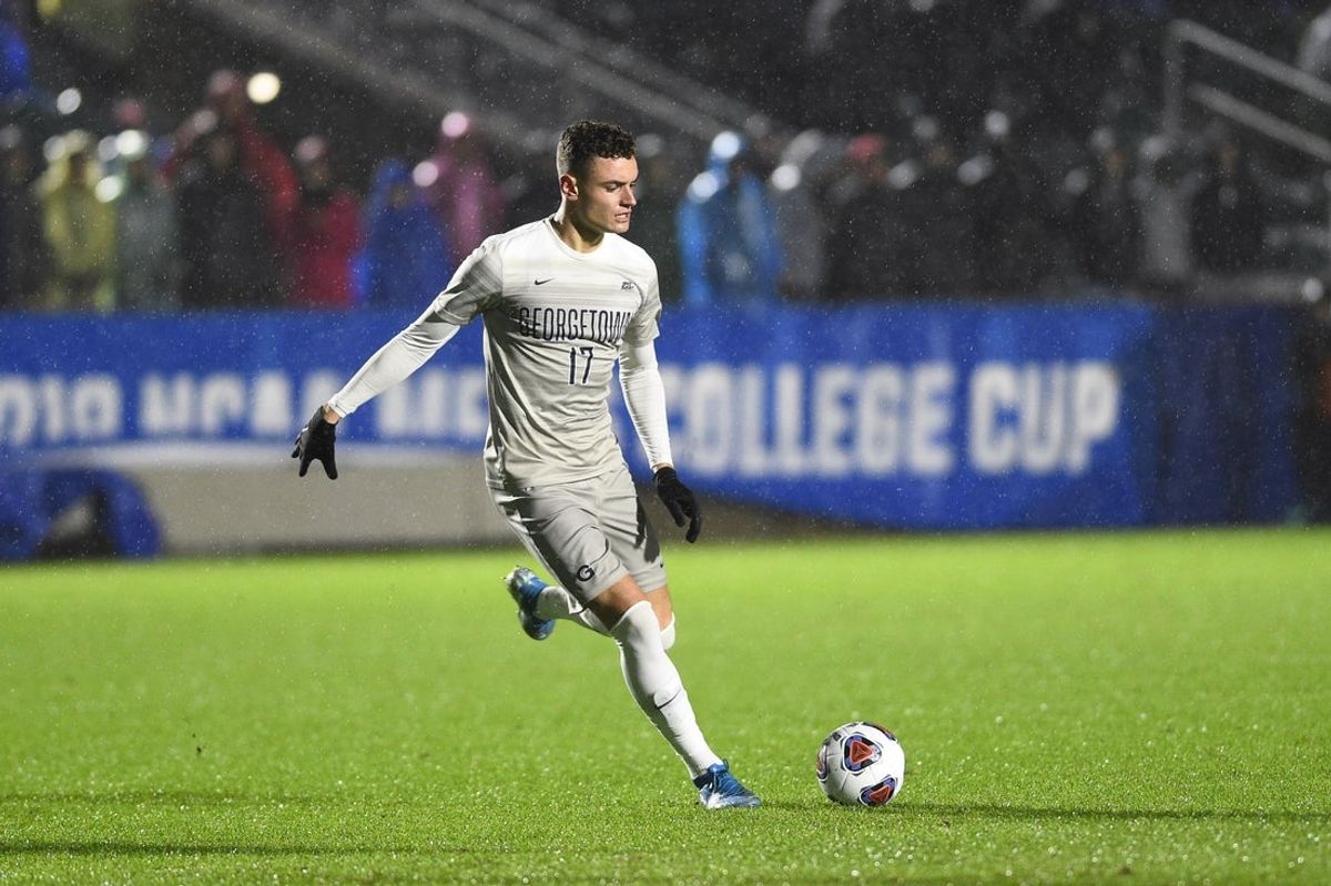 Dec 13, 2019; Cary, NC, USA; Georgetown Hoyas midfielder Dante Polvara (17) with the ball in the first half at WakeMed Soccer Park. Mandatory Credit: Bob Donnan-Imagn Images