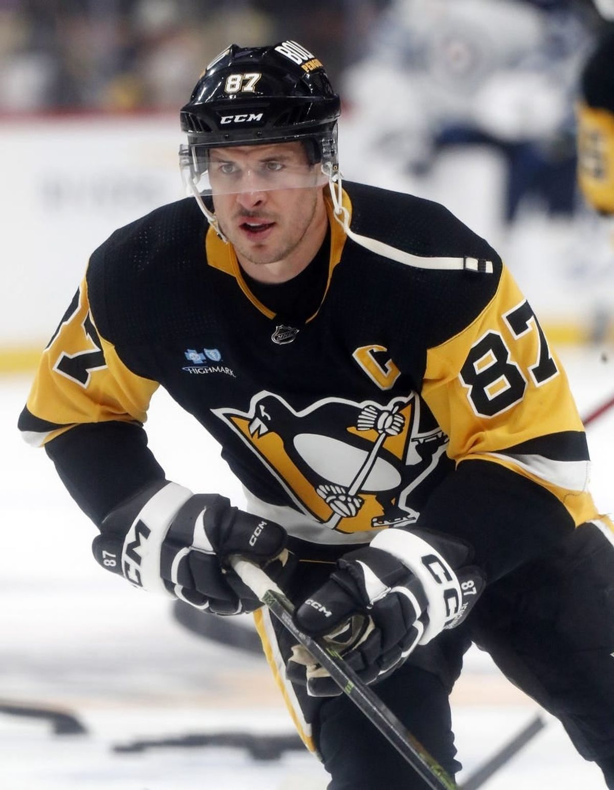 Feb 6, 2024; Pittsburgh, Pennsylvania, USA;  Pittsburgh Penguins center Sidney Crosby (87) warms up before the game against the Winnipeg Jets at PPG Paints Arena.
