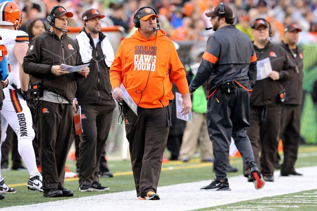 Cleveland Browns head coach Freddie Kitchens paces the sideline in the fourth quarter during an NFL Week 17 game against the Cincinnati Bengals, Sunday, Dec. 29, 2019, at Paul Brown Stadium in Cincinnati. Cincinnati Bengals won 33-23.

Cleveland Browns At Cincinnati Bengals Football 12 29 2019