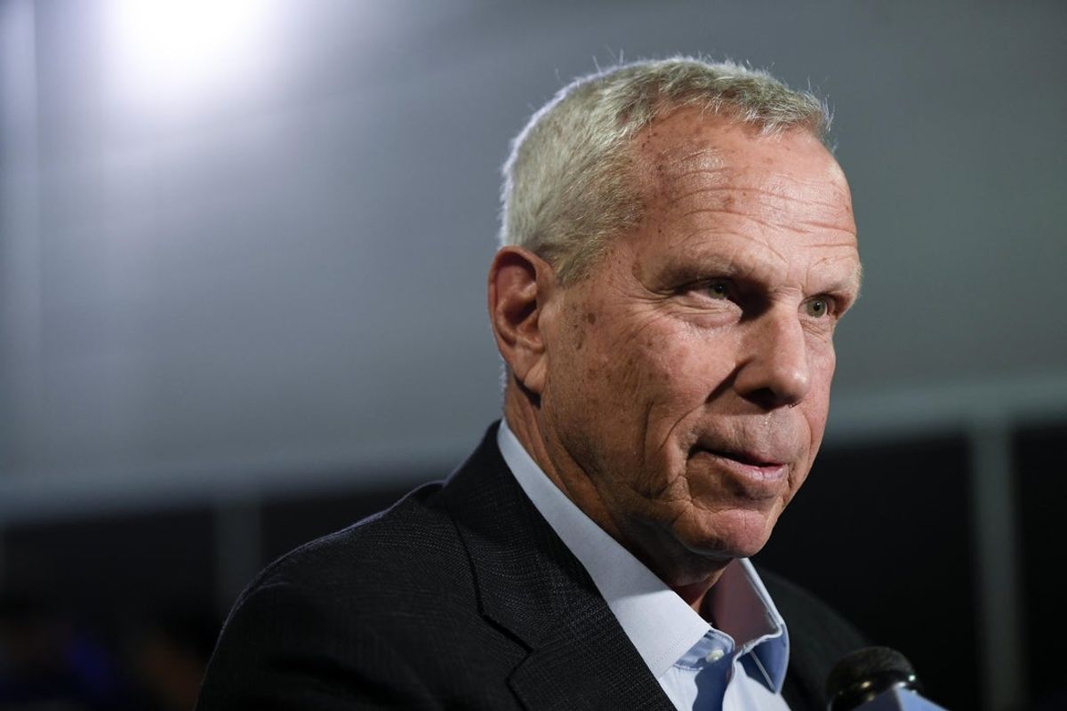 Jan 9, 2020; East Rutherford, New Jersey, USA;  New York Giants co-owner Steve Tisch talks to reporters after the press conference introducing new head coach Joe Judge (not pictured) at MetLife Stadium. Mandatory Credit: Danielle Parhizkaran-Imagn Images